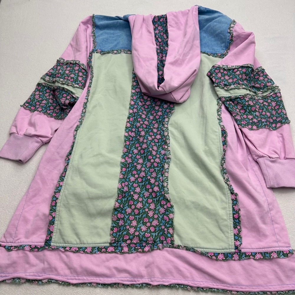 Blue Velvet Pink Boho Patchwork Hoodie Sweatshirt Womens Size S Oversized Shabby - Picture 5 of 8